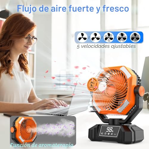 Camping Fan with LED Light, 20000mAh Rechargeable Automatic Vibration Fans for Outdoor Camping Tent with Remote, 5 Speed USB Desk Fan for Fishing, Picnic