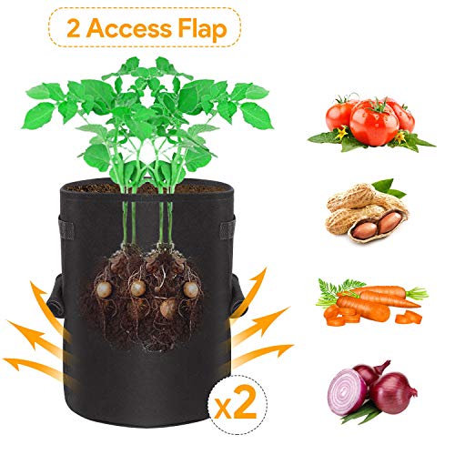 Potato Grow Bags with 2 Access Flap, 10Gallon Garden Planting bags Outdoor/Indoor, Non-woven Planter Pots with 2 Velcro Windows, Planting Pouch with Handles for Potatoes Vegetables (Black, Pack of 2))