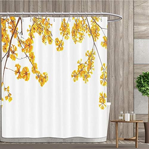 luvolux Yellow Shower Curtain Flower Tree Branches Bloom Blossoming in Spring Garden Sun Rays Nature Theme Home Fabric Bathroom Decor Set with Hooks,63W x 72L Inches, Red Grey