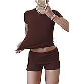 YETOWA Women's Casual Workout Two Piece Outfits Slim Short Sleeve Low Waist Foldover Shorts Tracksuit Sets Streetwear