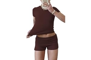 YETOWA Women's Casual Workout Two Piece Outfits Slim Short Sleeve Low Waist Foldover Shorts Tracksuit Sets Streetwear