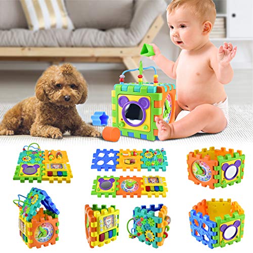 Alcoon Activity Cube 6 in 1 Multipurpose Play Center for Kids Toddlers Busy Learner Cube with Shapes Maze Music Gears Clock Educational Game Toys