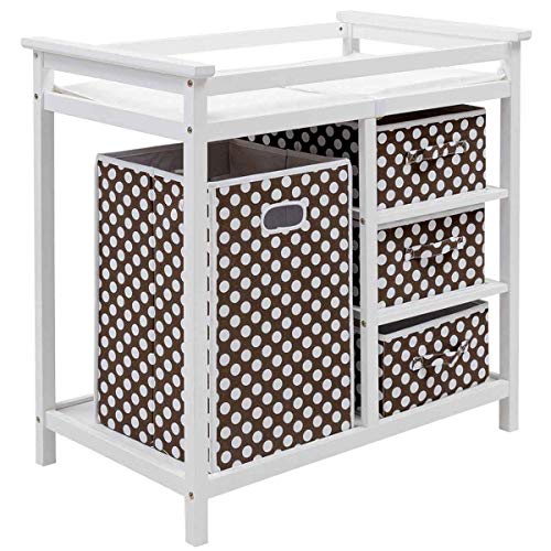 Wooden Baby Diaper Changing Table with Cushion of Safety Strap, Laundry Hamper, and 3 Storage Baskets (White)