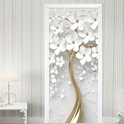 A.Monamour Türtapete Selbstklebend - 3D Weiße Blumen 83x204cm Vinyl Folie
