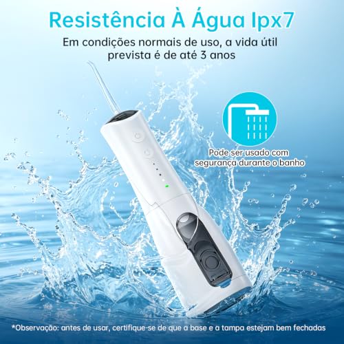 Irrigador Oral Portátil Sem Fio 300ml com 5 Bico Higiene Limpeza | Recarregável Type-C, Pressão Ajustável, Impermeável IPX7, Carregamento Rápido, Longa Duração Bateria, Uso Doméstico Viaje