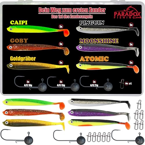 Paradox Fishing Zander Starter Box 13cm UV-aktiv – 50-teiliges Set inkl. Guide, 30 Gummifische, 9 abgestimmte Jigköpfe & 10 Snaps, für klares & trübes