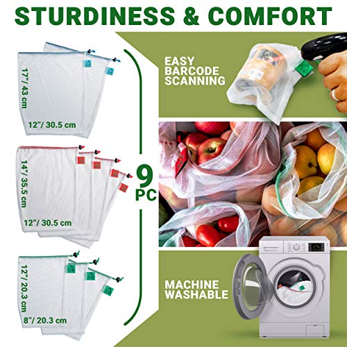 Reusable Mesh Bags Set of 12 pcs - Mesh Bags for Grocery w/ Weight Tags - Foldable Vegetable Bags W/ Carrier Handle - Produce Reusable Shopping Bags Grocery - Zero Waste Kit - Recycled Products Gift