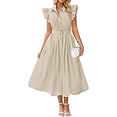 ZESICA Womens Summer Button Midi Dresses 2026 Flutter Short Sleeve Belted Business Casual Work Long Dresses with Pockets