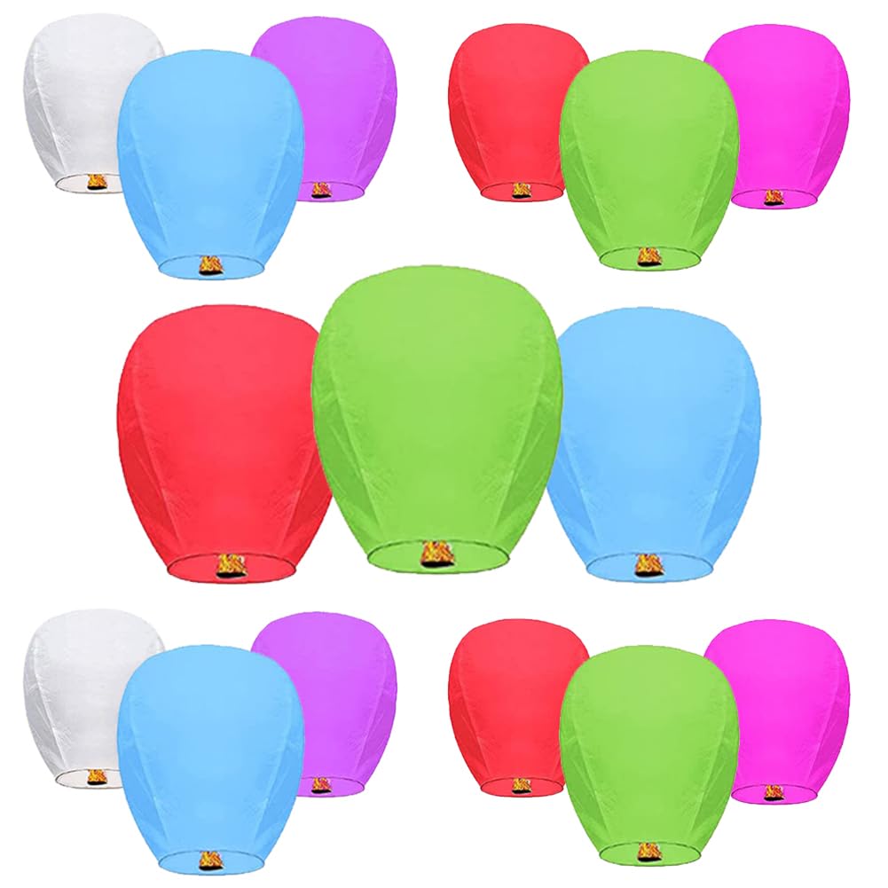 Chinese Sky Lanterns (15 Pack) 100% Biodegradable No Assembly Required - Fire Resistant Paper Lanterns Beautiful Lantern for Weddings, Birthdays, Parties,Memorials (Multi Colors)