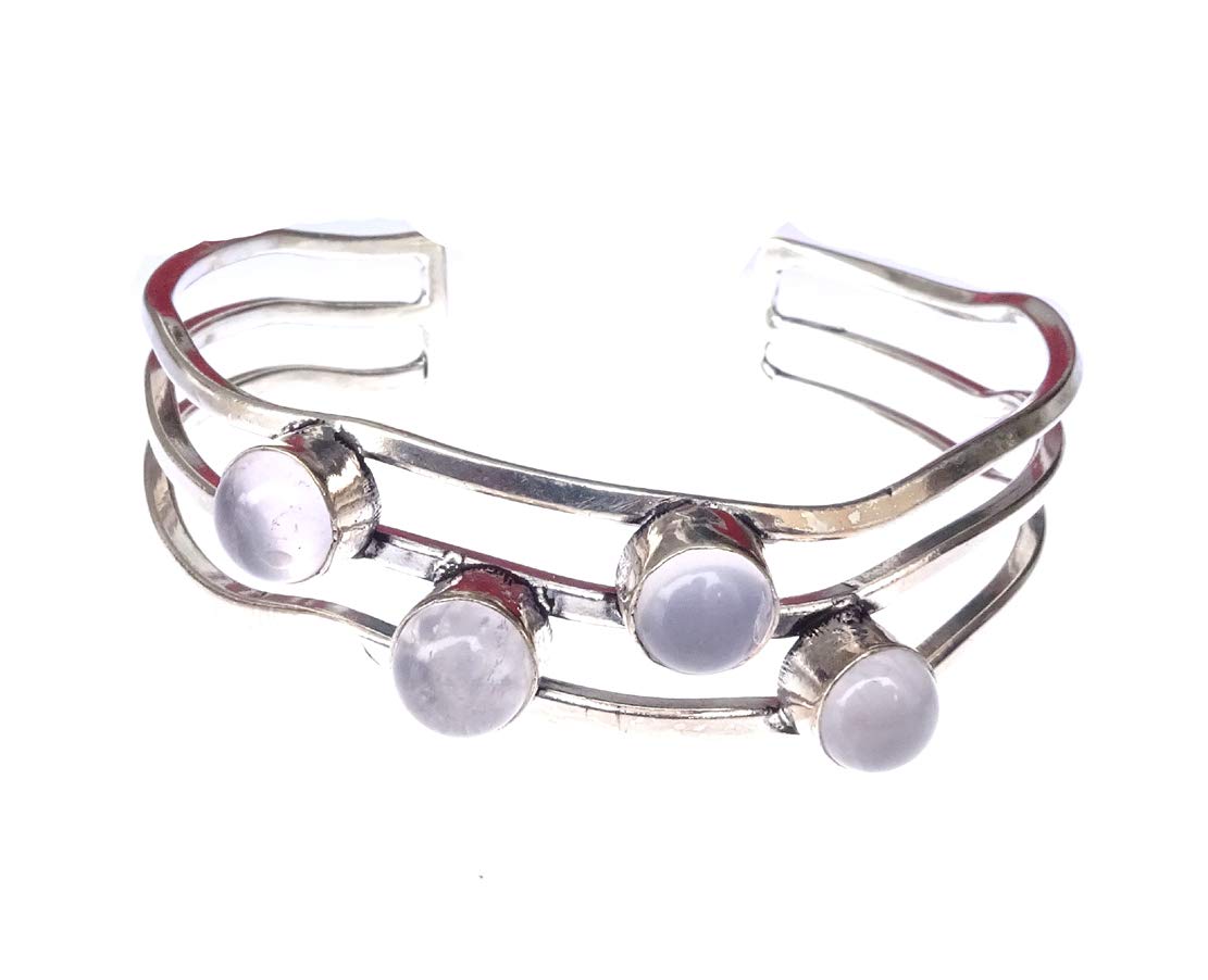 India Jewel Store Genuine Rose Quartz Gemstone Handmade Cuff Bracelet for Women Men 925 Sterling Sil