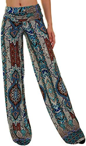 Uptown Apparel Womens Fold Over Waist Wide Leg Palazzo Pants, Good For Tall Curvy Women-Ships From USA (L, Blue)