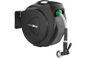 AQUAZILLA Retractable Garden Hose Reel, 100Ft x 1/2" Durable Wall Mounted Water Hose Reel with 180¡ãSwivel Bracket, 9 Pattern Sprayer, 6Ft leader hose,Smooth Automatic Rewind, Any Length Lock.