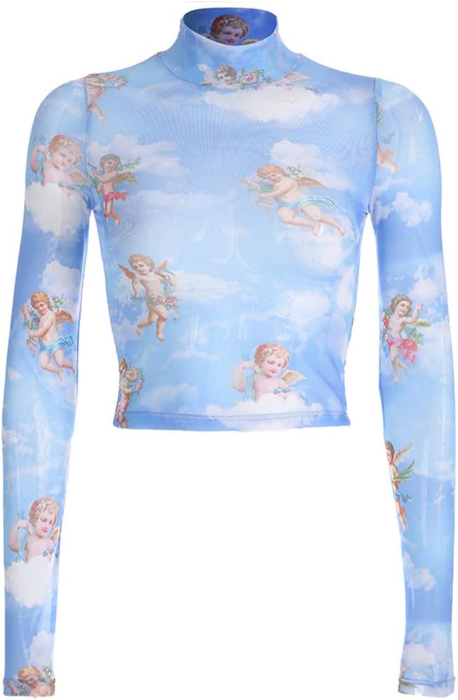 FATTERYU Womens Summer Long Sleeves Mock Neck Crop Top Romantic Colored Angel Cupid Printed T-Shirt See Through Mesh Party Club Blouse 4 Colors