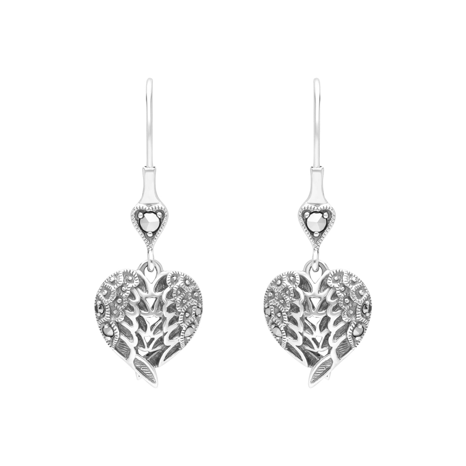 Esse Marcasite Sterling Silver Heart and Wings Fishhook Drop Earrings
