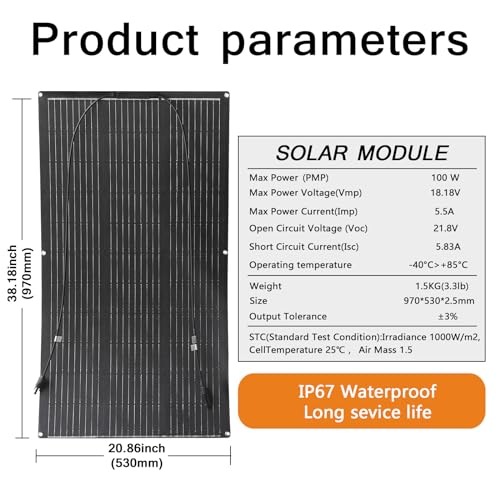 Aysolar Flexible Solar Panel 100W 12V ETFE Monocrystalline Photovoltaic Flexible Solar Panel for RV Boats Cabin Van 12V Battery and Other Uneven Surfaces