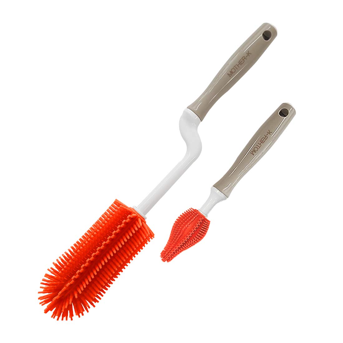 Mother-K Rotating Silicone Bottle Brush 2 Kinds of Sets, Silicone Bottle Cleaning Brush Water Bottle Cleaner for Washing Baby Bottles, Sports Bottle, Vase, and Glassware (Ruby Grapefruit)