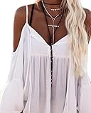 Mandystore Women Off Shoulder T-Shirt Long Sleeve Loose Blouse Tops for Women (M, White)