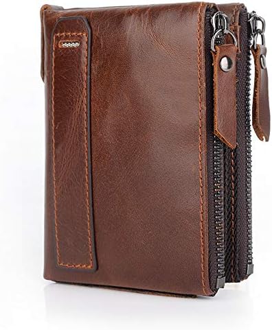 Genuine Cowhide Wallets for Men,Mens Vintage Leather Front Pocket Anti RFID Bifold Travel Small Thin Zipper Trifold Wallet