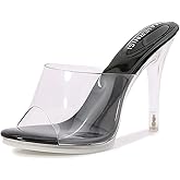 BWSEOBG Women's Transparent One Strap Sexy Stiletto Heels Round Peep Toe Clear High Heels Slip-On Dress Heeled Mule Sandals for Formal Wedding Prom Party Evening