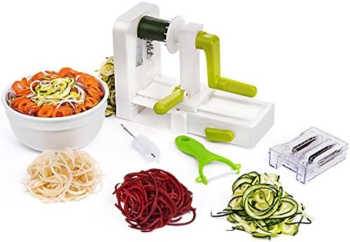Tesori Kitchen Spiralizer, 5 Blades, Foldable Design – Free Bonus! Comes with Peeler and Cleaning Brush, Vegetable Spiral Slicer, Veggie Pasta, Spaghetti &amp; Zucchini Noodle Maker