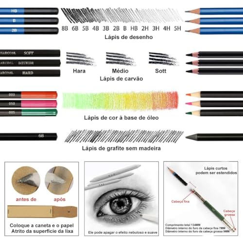 Kit de Desenho Profissional Completo 72 Peças com Estojo Portátil – Lápis Grafite, Carvão, Aquarela e Acessórios para Artistas, Estudantes, Iniciantes e Crianças Premium