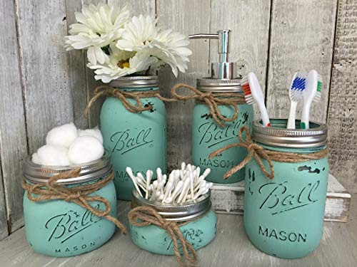 image for Painted Mason Jar Bathroom Set of 5 SEAGLASS Green Rustic Distressed F