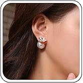 Iaceble Boho Pearl Ear Jacket Earrings Sparkly Rhinestone Stud Earrings Crystal Pearl Front Back Earrings Bridal Wedding Pearl Earrings Jewelry for Women