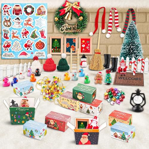 67Pcs Christmas Miniature Figurines Mini Resin Duck with Hat String Fake Light Small Santa Claus Snowman Xmas Trees Doll House Gift Box Decoration 1:12 Model Pretend Toys DIY Party Wreath Garden Hide