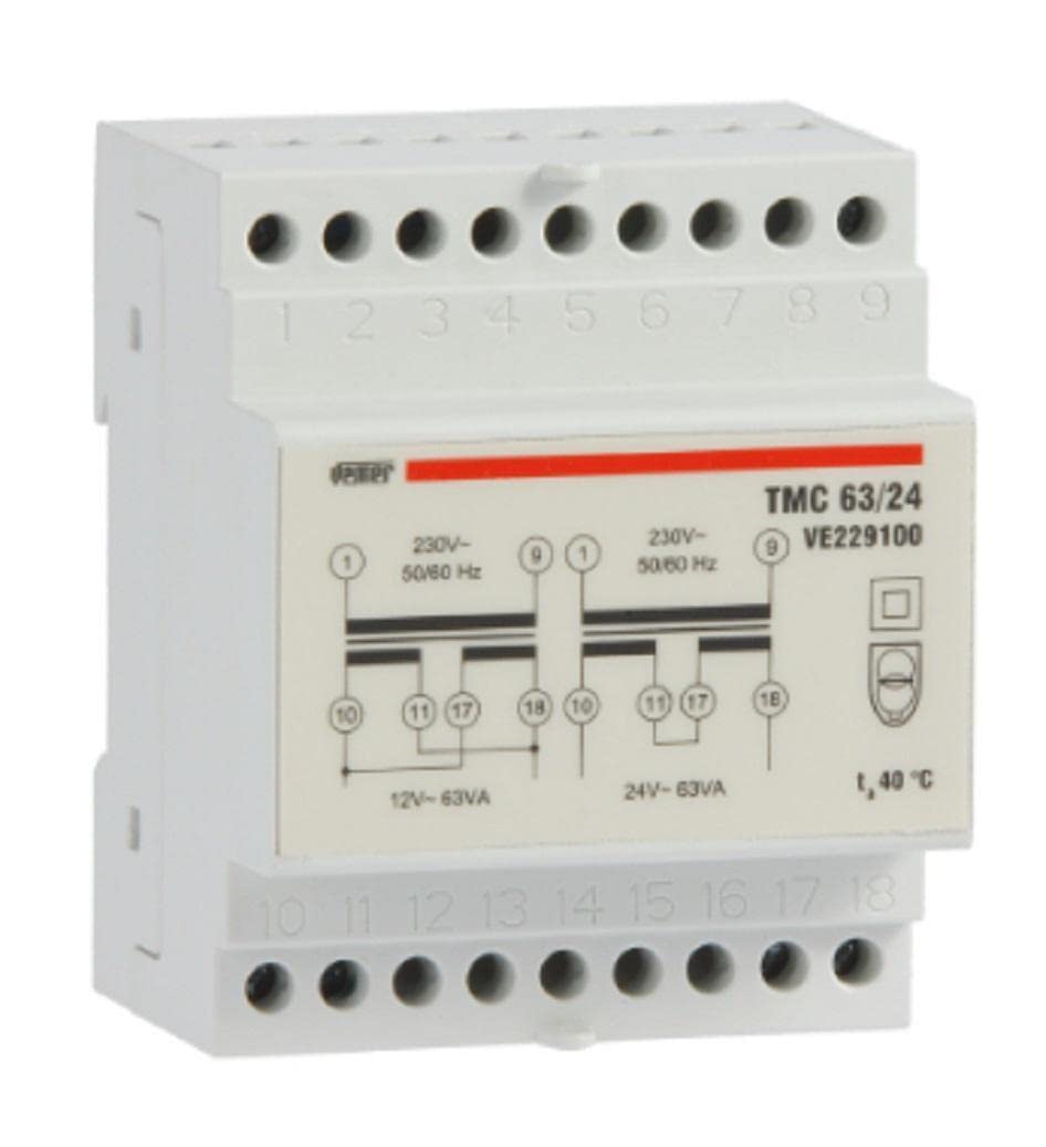 VEMER VE229100 model TMC 63/24 DIN-rail mounting safety transformer for continuous service 230V/12-24V. Color Grey