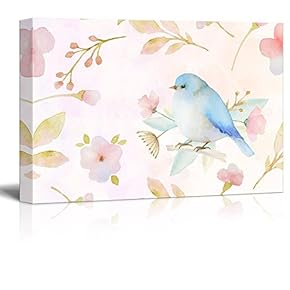 Watercolor Style Painting with Bird and Floral Patterns