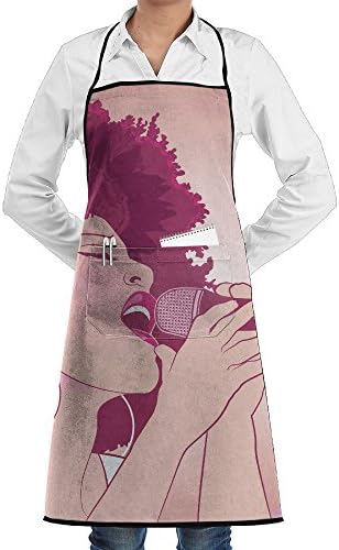 Grill Aprons Kitchen Chef Bib - SarahKen Music Afro Woman Singing Jazz Songs On Exotic Floral Background Performance Art Professional For BBQ Baking Cooking For Men Women Pockets