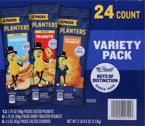 PLANTERS VARIETY PACKS (SALTED CASHEWS, SALTED PEANUTS & HONEY ROASTED PEANUTS), 24 PACKS – INDIVIDUAL BAGS OF ON-THE-GO NUT SNACKS – NO CHOLESTEROL OR TRANS FATS – SOURCE OF FIBER AND HEALTHY FATS