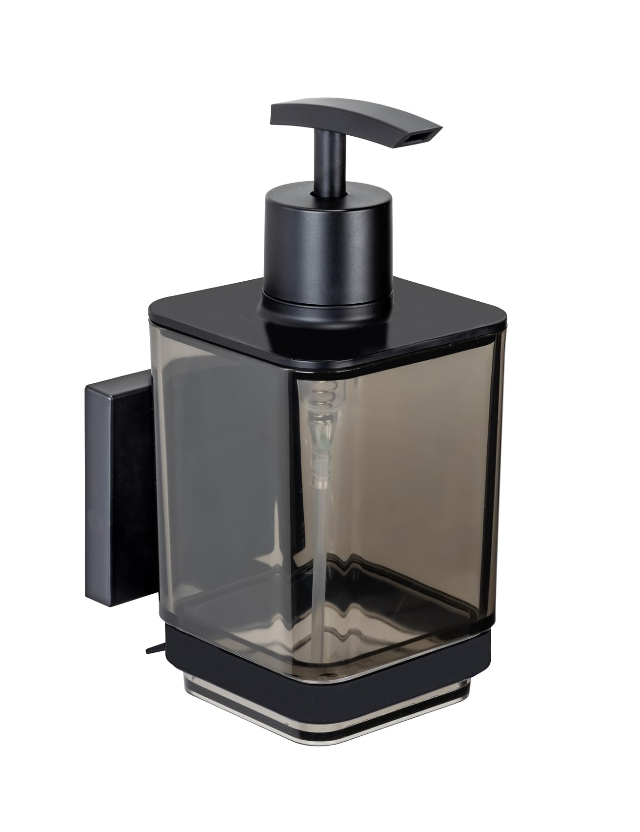 WENKO Vacuum-Loc® Quadro Soap Dispenser, Plastic Dispenser, 340 ml with Stainless Steel Holder, No Drilling Required, Black