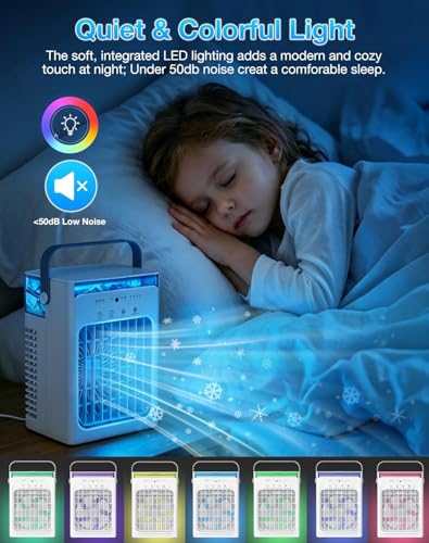 Portable Air Conditioners, Mini Personal Evaporative Cooler with Remote, 2 Mist Modes, 4 Wind Speeds, 1100 ML Water Tank, 2/4/6H Timer, Colorful Light, USB-C Powered Cooling Fan for Room Office Car