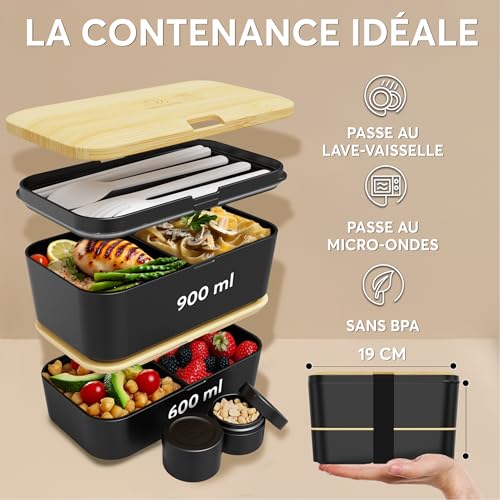 Umami Bento Lunch Box, Cutlery & 2 Sauce Pots Included, Built-in Lunch Box, Microwavable Lunchbox Adult Lunch Box, Bento Box Black Onyx & Beige, 1500 ml