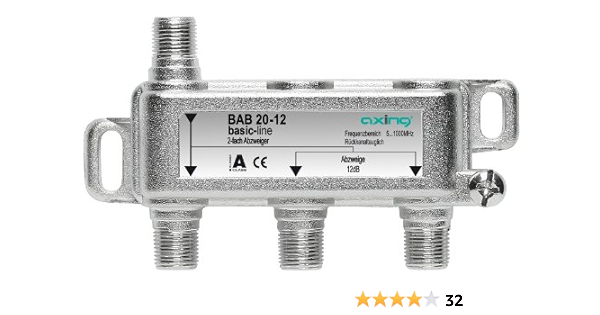 Axing BAB 20-14 - Derivador Acoplador direccional de señal TV 14 dB con Conector de F para TDT Radio CATV televisión por Cable, 2 Salidas (5-1006 MHz)