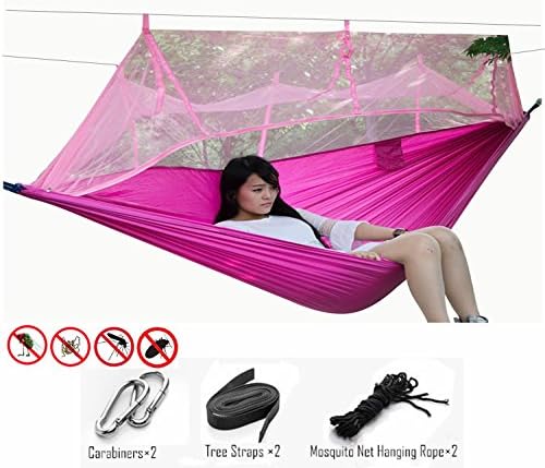 TOMTU Lightweight Nylon Camping Hammock with Mosquito &amp; Bugs Net, 210T Parachute Fabric Double Hammock with Tree Straps – 440lbs Great for Indoor Travel Adventure Hiking Beach Yard Pink