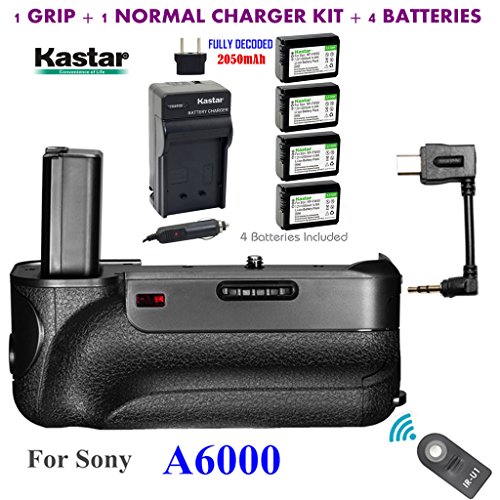 Kastar Infrared Remote Control Pro Vertical Battery Grip (Built-In 2.4G Wireless Contro) + 4 x NP-FW50 Replacement Batteries + Charger Kit for Sony ILCE-A6000 / A6000 Digital SLR Camera