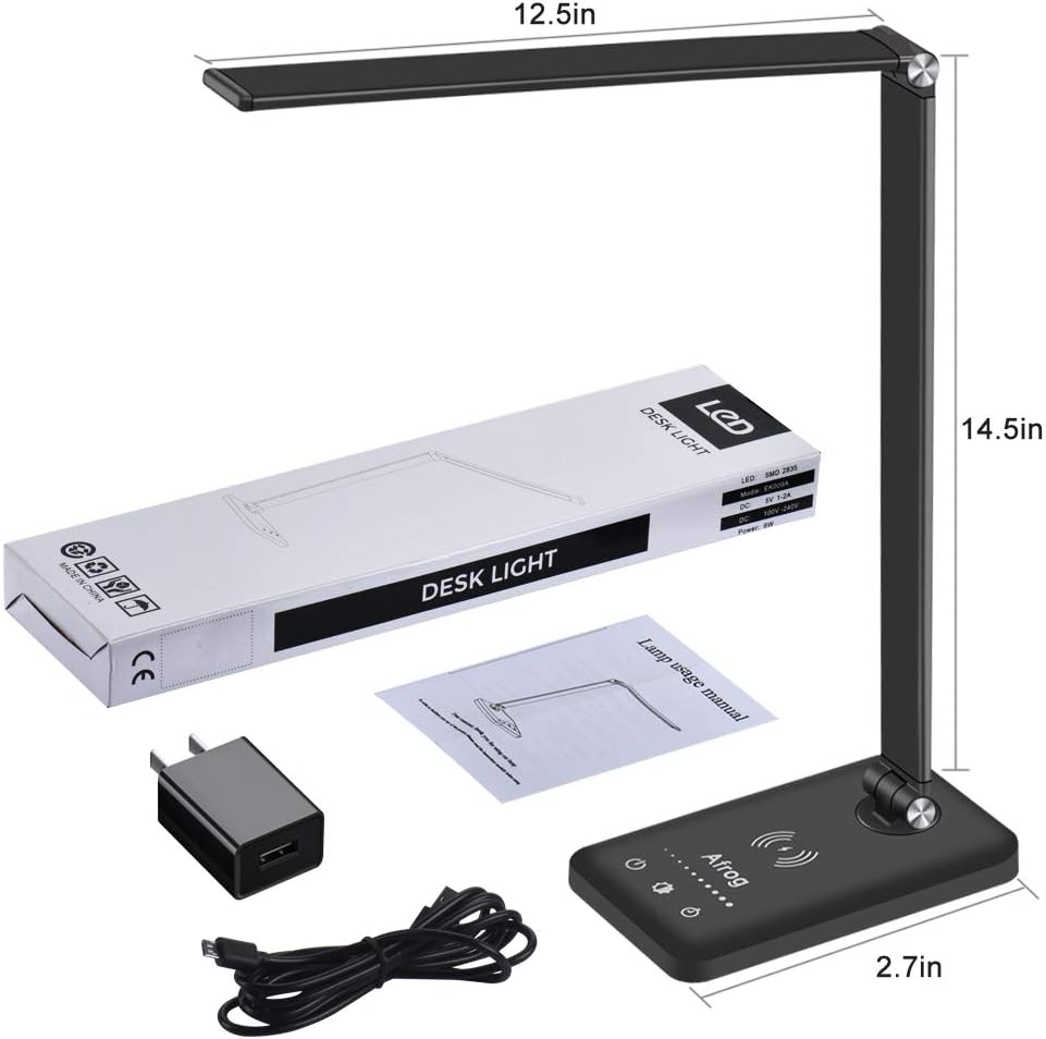 Multifunctional LED Desk Lamp with Wireless Charger, USB Charging Port, 5 Lighting Modes, 5 Brightness Levels, Sensitive Control, 30/60 min Auto Timer, Eye-Caring Office Lamp with Adapter - - 