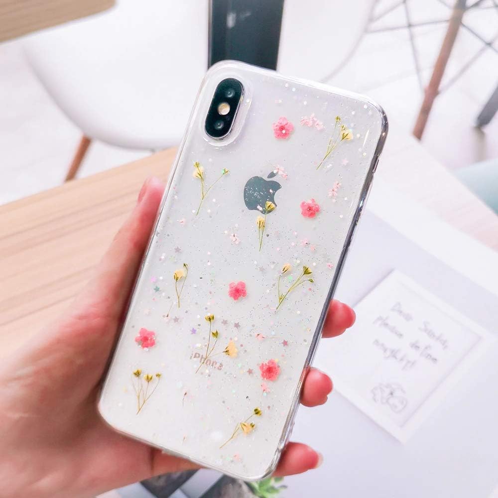 CASEBREED iPhone X/XS Flower Case, Soft Clear Flexible Rubber Pressed Dry Real Flowers Case Girls Glitter Floral Cover for iPhone X/XS (Pink)