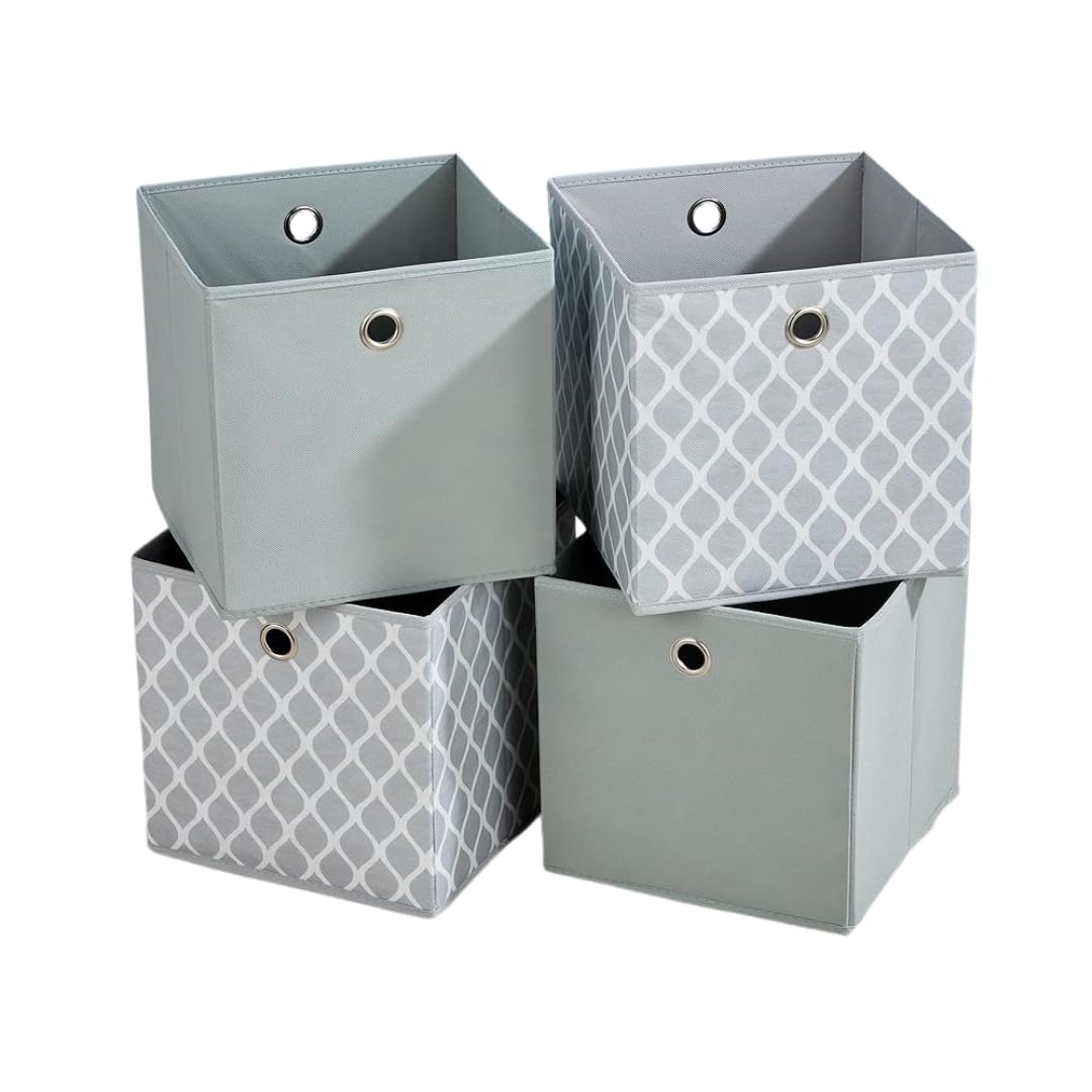 Home Source Cube Storage Boxes, Collapsible Fabric Storage Baskets, Foldable Canvas Organising Boxes, 4 Piece, 2 Grey, 2 Print
