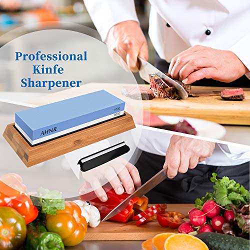Whetstone Knife Sharpening Stone 2 Side 1000/6000 Grit Whetstone Sharpener Includes NonSlip Bamboo Base, Angle Guide, Polishing Tool for Kitchen, Hunting and Pocket Knives or Blades by AHNR