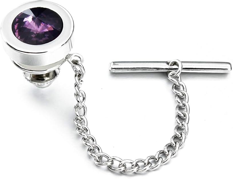 HAWSON Mens Tie Tack With Chain, Purple Crystal Tie Pin for