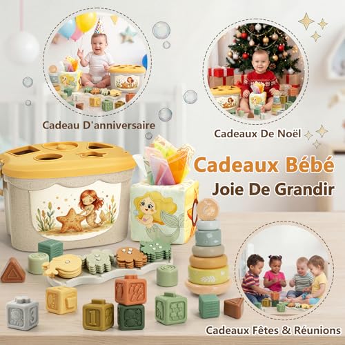 Anook Montessori Toys 6 Months, 5 in 1 Games Early Learning Baby 6-12 Months with Baby Cube, Baby Shape Game, Tissue Box, Montessori Games 6-24 Months for Baby Girl Gift