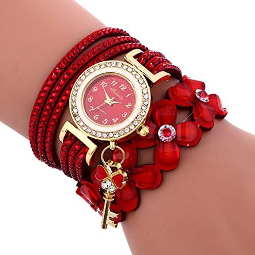 Woman weave Diamond Leather mesh band Bracelet Lady Wrist Watch rhinestone cheap with small dial gift set (Red)