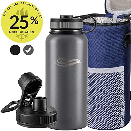 Stainless Steel Water Bottle 32oz - Double Walled Vacuum Insulated Water Bottle - Sports Flask Keeps Cold 36 Hrs - Hot 24 Hrs-Insulated Cooler Bag-Water Bottle Holder Bag with Strap (Grey, 32oz)