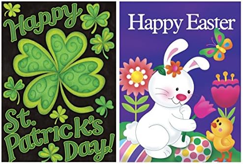 St. Patrick's Day and Easter Day Garden Flags Clovers Irish Green, Egg and Rabbit Seasonal Garden Flags, Yard Decorations Home Decor Flag 12" x 18"
