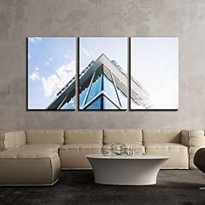3 Piece Canvas Wall Art - Modern Office Building Under Blue Sky - Modern Home Art Stretched and Framed Ready to Hang - 16"x24"x3 Panels