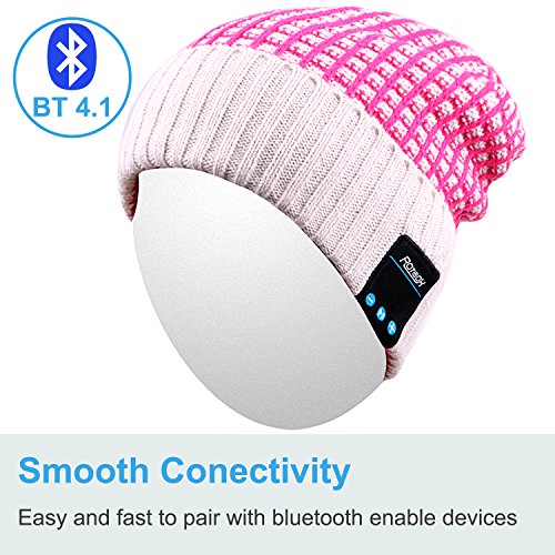 Rotibox Outdoor Bluetooth Wireless Beanie Hat Cap with Stereo Headphone Headset Earphone Speaker Mic Hands Free Talking Compatible with iPhone iPad Samsung Android Smartphones - Rose