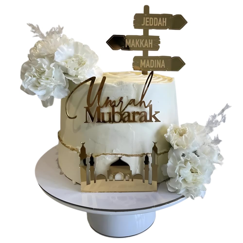 Acrylic Umrah Cake Toppers Umrah Decorations Set of 3, Mosque Silhouette, Umrah Mubarak & Signpost Decorations for Islamic Celebrations Cake Topper & Decorations for Muslim Events, Gifts, and Parties